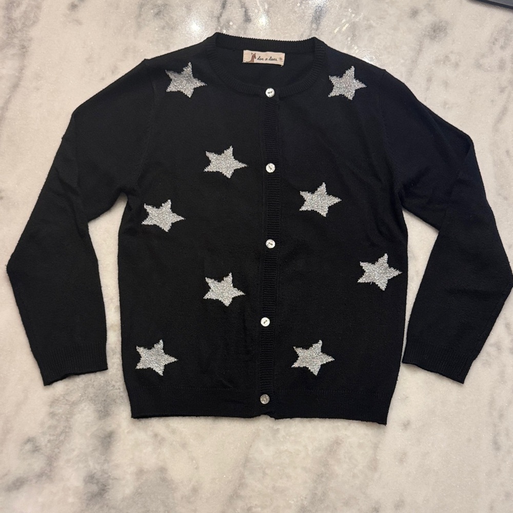 Doe a dear Black sparkle silver Star Sweater with sparkle buttons girls 6